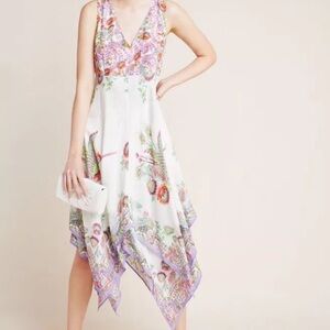 Anthropologie Analise Floral Midi Dress Bird Handkerchief Hem Ivory Purple 0